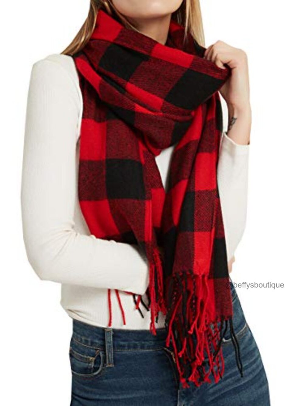 Oversized Plaid Shawl Wrap Scarf Tassel Fringe Polyester Winter Warm